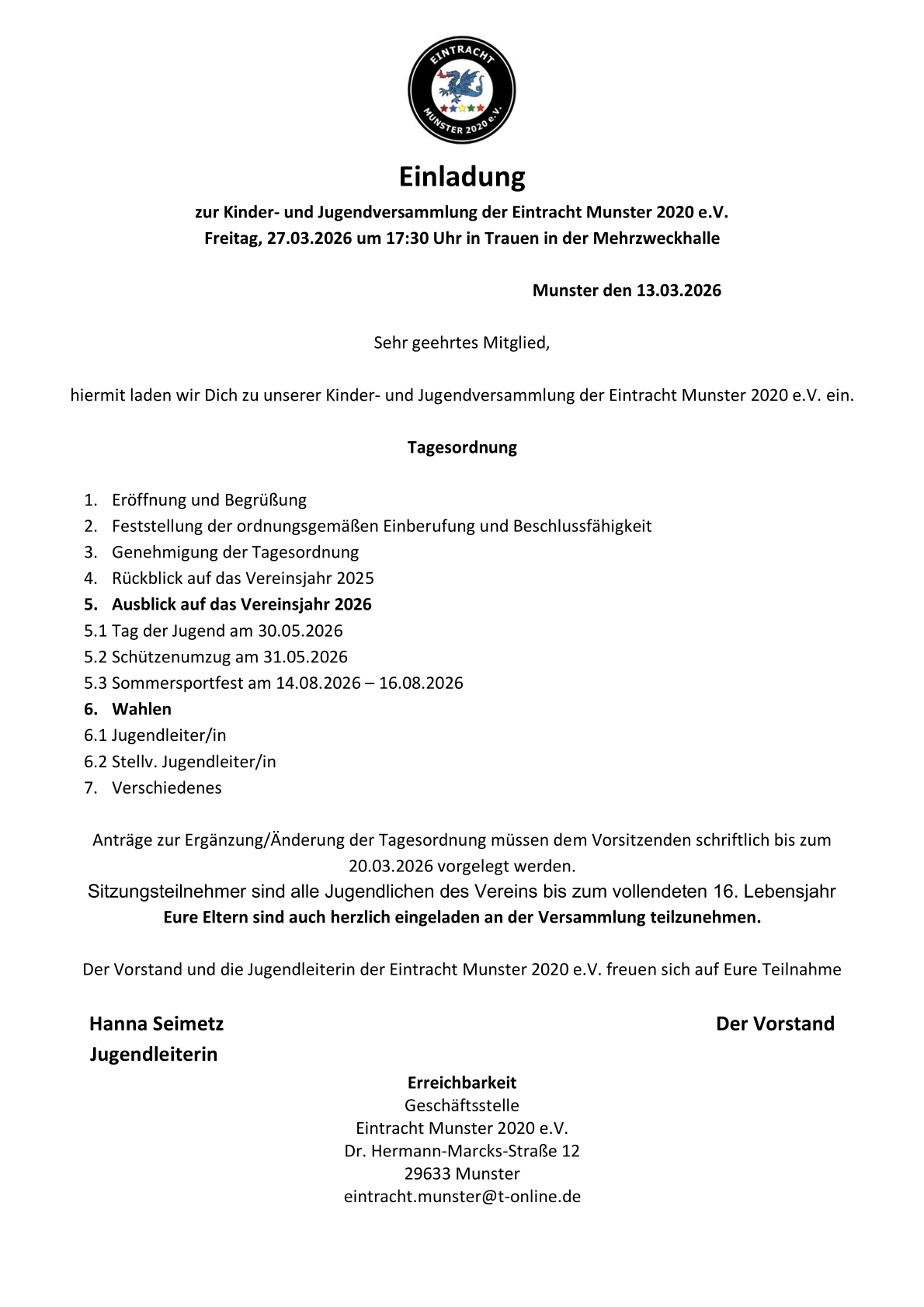 2026 03 27 Eintracht Munster Einladung Jugendversammlung 2026
